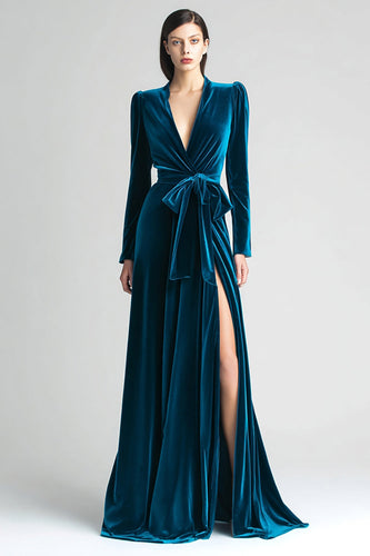 Peacock Blue A Line Ruched Long Sleeves Holiday Party Dress with Slit