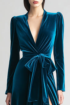 Peacock Blue A Line Ruched Long Sleeves Holiday Party Dress with Slit