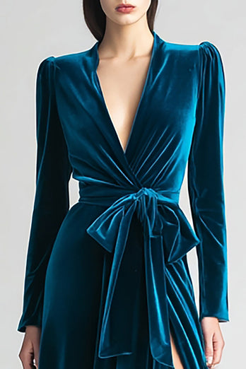 Peacock Blue A Line Ruched Long Sleeves Holiday Party Dress with Slit