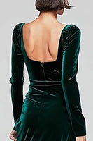 Load image into Gallery viewer, Dark Green Velvet Square Neck Long Sleeves Holiday Party Dress with Slit