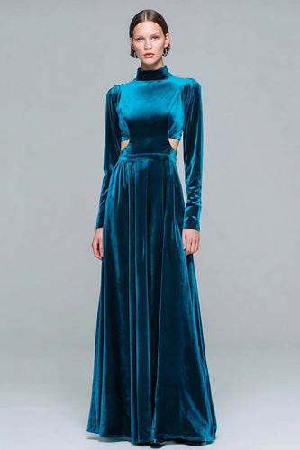 Peacock Blue Velvet High Neck Cut Out Pleated Long Holiday Party Dress