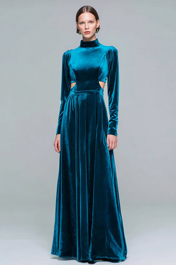 Peacock Blue Velvet High Neck Cut Out Pleated Long Holiday Party Dress