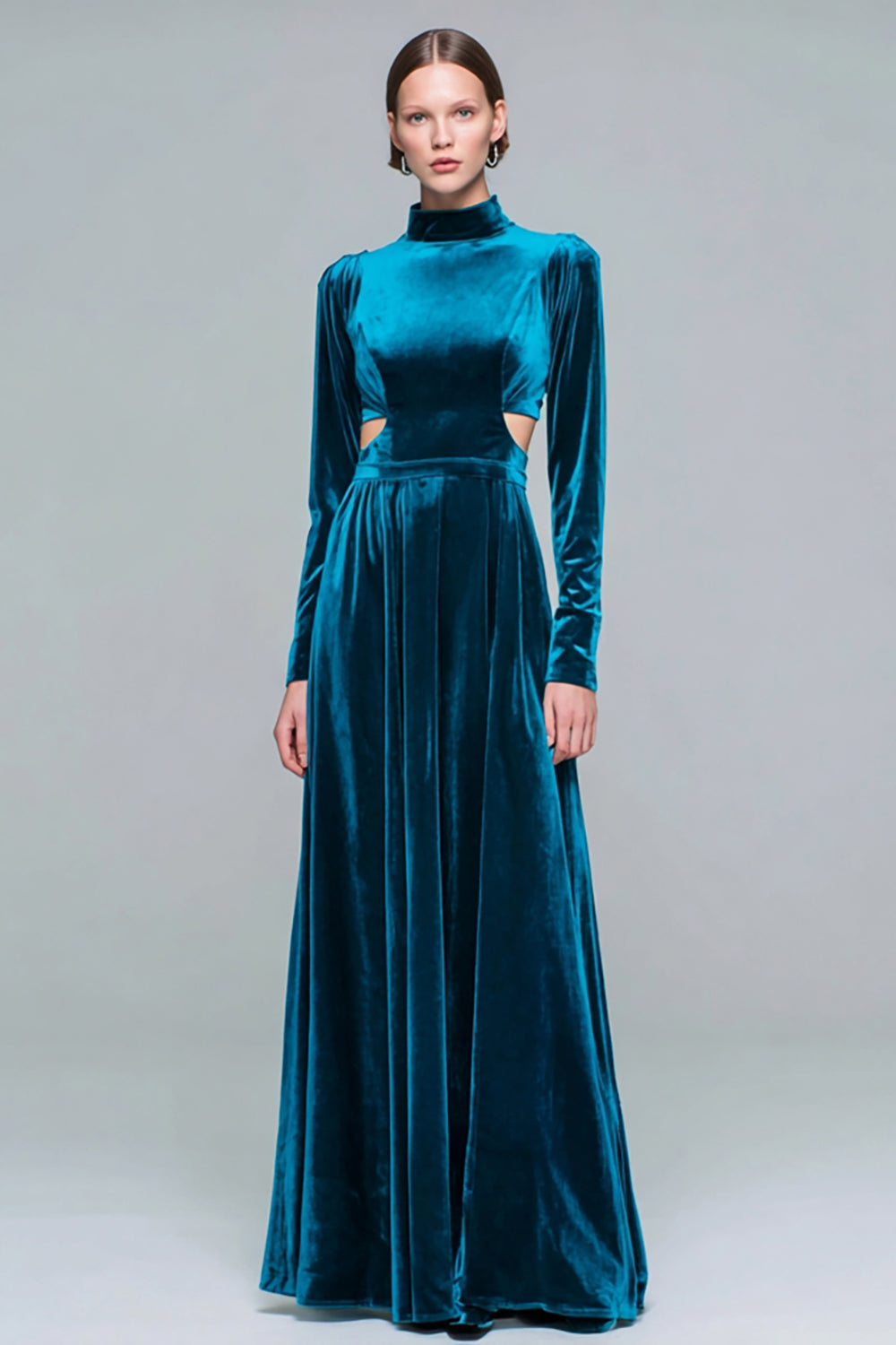 Peacock Blue Velvet High Neck Cut Out Pleated Long Holiday Party Dress
