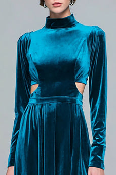 Peacock Blue Velvet High Neck Cut Out Pleated Long Holiday Party Dress