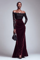 Load image into Gallery viewer, Black and Burgundy Velvet Off the Shoulder Long Holiday Party Dress with Lace