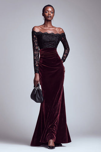 Black and Burgundy Velvet Off the Shoulder Long Holiday Party Dress with Lace