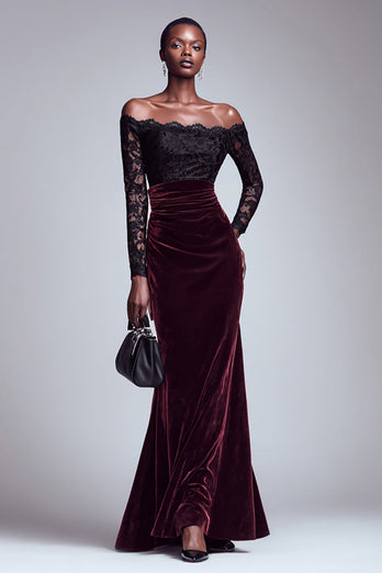 Black and Burgundy Velvet Off the Shoulder Long Holiday Party Dress with Lace