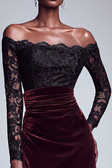 Black and Burgundy Velvet Off the Shoulder Long Holiday Party Dress with Lace