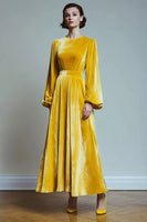 Load image into Gallery viewer, Yellow Velvet A Line Round Neck Long Sleeves Holiday Party Dress