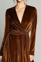 Load image into Gallery viewer, Brown A Line Velvet Pleated Long Sleeves Holiday Party Dress