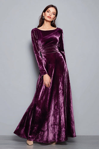 Plum Velvet A Line Boat Neck Ruched Long Sleeves Holiday Party Dress