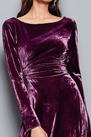 Load image into Gallery viewer, Plum Velvet A Line Boat Neck Ruched Long Sleeves Holiday Party Dress