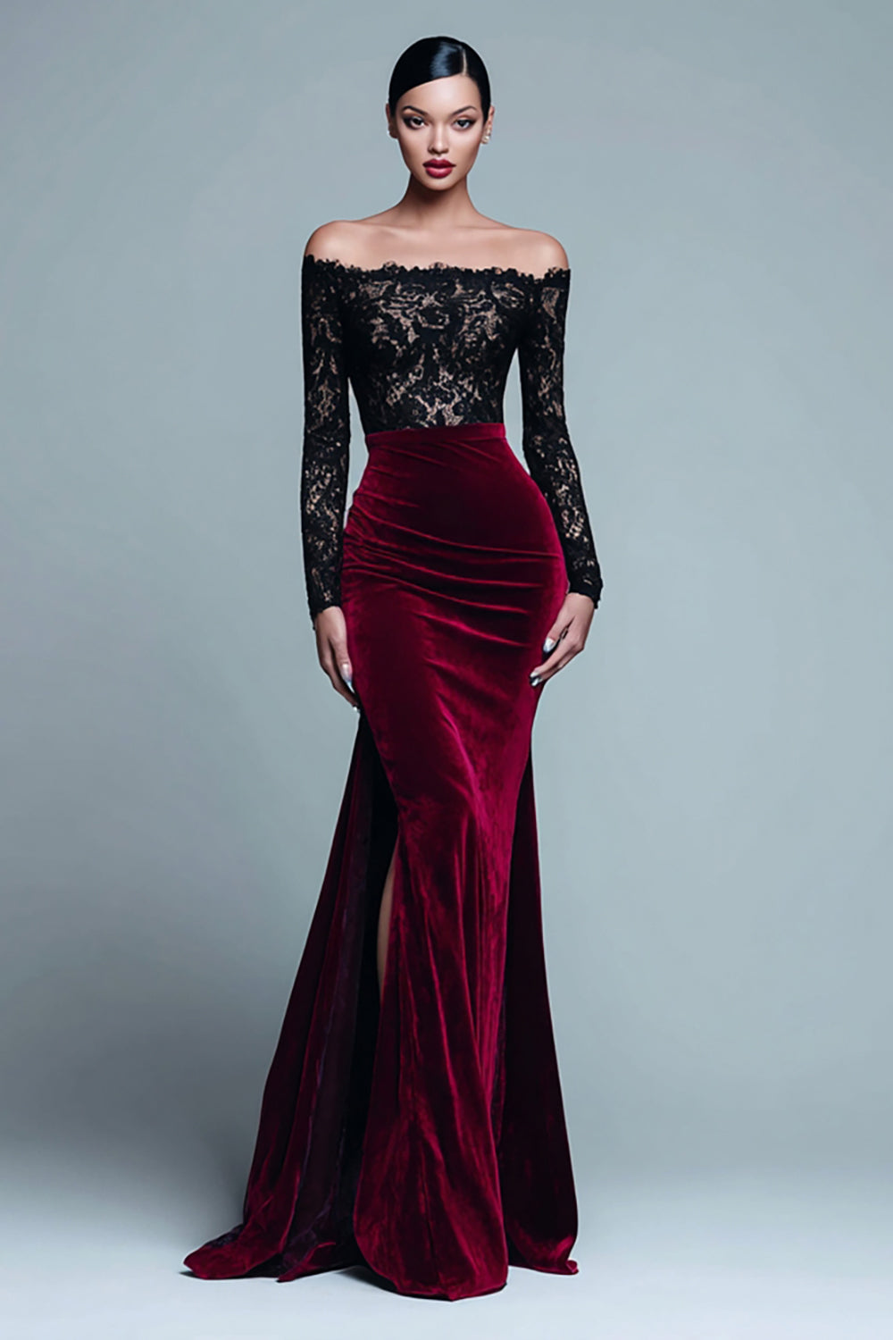 Queendancer Women Burgundy Velvet Long Sleeves Holiday Party Dress with Lace Mermaid Off the Shoulder Backless Formal Dress