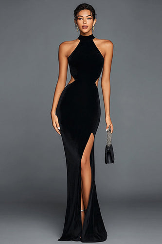 Black Velvet Mermaid Cut Out Long Holiday Party Dress with Slit