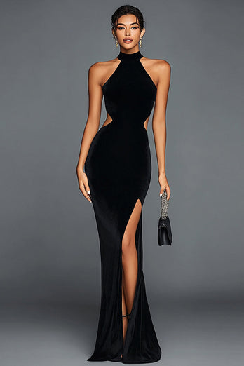 Black Velvet Mermaid Cut Out Long Holiday Party Dress with Slit