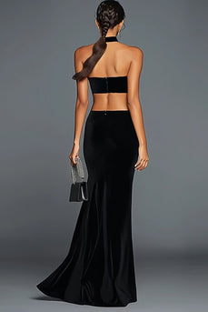 Black Velvet Mermaid Cut Out Long Holiday Party Dress with Slit