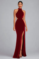 Load image into Gallery viewer, Black Velvet Mermaid Cut Out Long Holiday Party Dress with Slit