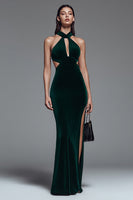 Load image into Gallery viewer, Dark Green Cut Out Velvet Mermaid Long Holiday Party Dress with Slit
