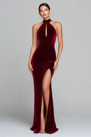 Load image into Gallery viewer, Burgundy Velvet Keyhole Halter Long Holiday Party Dress with Slit
