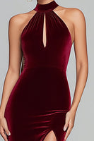 Load image into Gallery viewer, Burgundy Velvet Keyhole Halter Long Holiday Party Dress with Slit