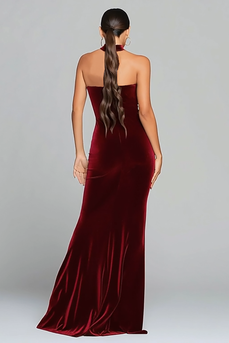 Burgundy Velvet Keyhole Halter Long Holiday Party Dress with Slit