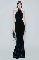 Load image into Gallery viewer, Dark Green Velvet Halter Mermaid Long Holiday Party Dress