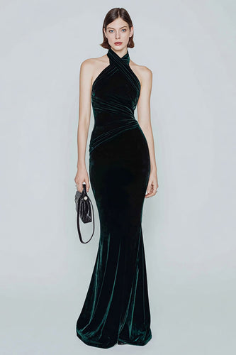 Dark Green Velvet Halter Mermaid Long Holiday Party Dress