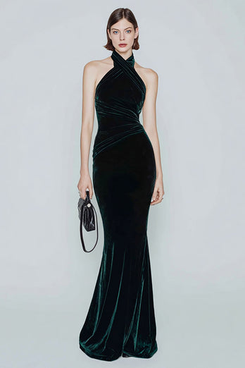 Dark Green Velvet Halter Mermaid Long Holiday Party Dress