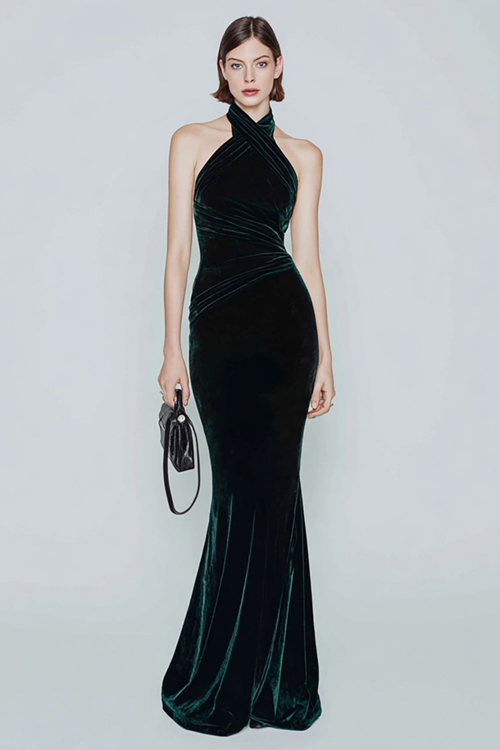 Dark Green Velvet Halter Mermaid Long Holiday Party Dress