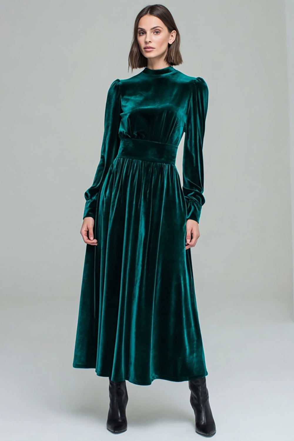 Peacock Green Velvet A Line Long Sleeves Holiday Party Dress