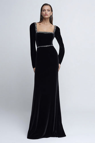 Sparkly Black Velvet Square Neck Long Holiday Party Dress with Beading