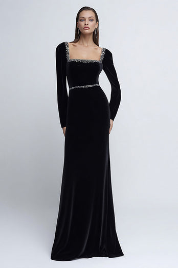 Sparkly Black Velvet Square Neck Long Holiday Party Dress with Beading