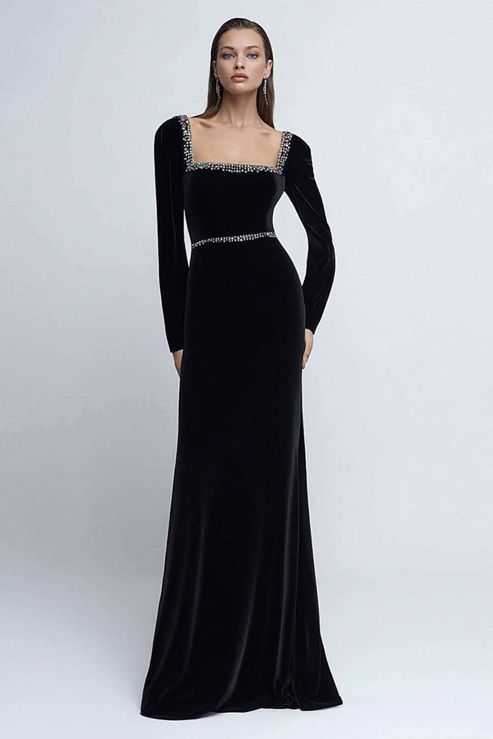 Sparkly Black Velvet Square Neck Long Holiday Party Dress with Beading