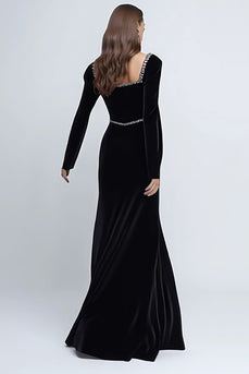 Sparkly Black Velvet Square Neck Long Holiday Party Dress with Beading