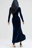 Load image into Gallery viewer, Navy Velvet Mermaid High Neck Long Sleeves Holiday Party Dress with Slit