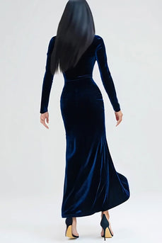 Navy Velvet Mermaid High Neck Long Sleeves Holiday Party Dress with Slit
