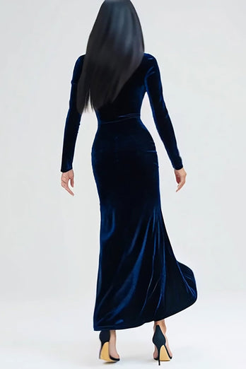 Navy Velvet Mermaid High Neck Long Sleeves Holiday Party Dress with Slit