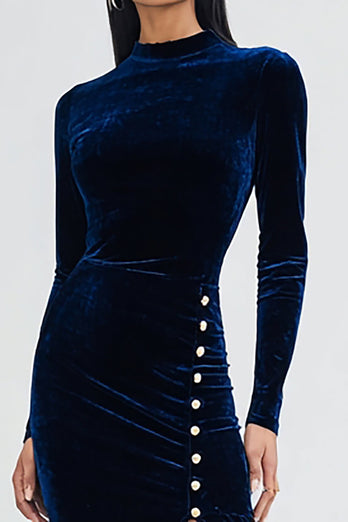 Navy Velvet Mermaid High Neck Long Sleeves Holiday Party Dress with Slit