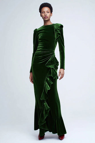 Green Velvet Mermaid Long Sleeves Holiday Party Dress with Ruffles