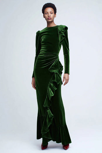 Green Velvet Mermaid Long Sleeves Holiday Party Dress with Ruffles