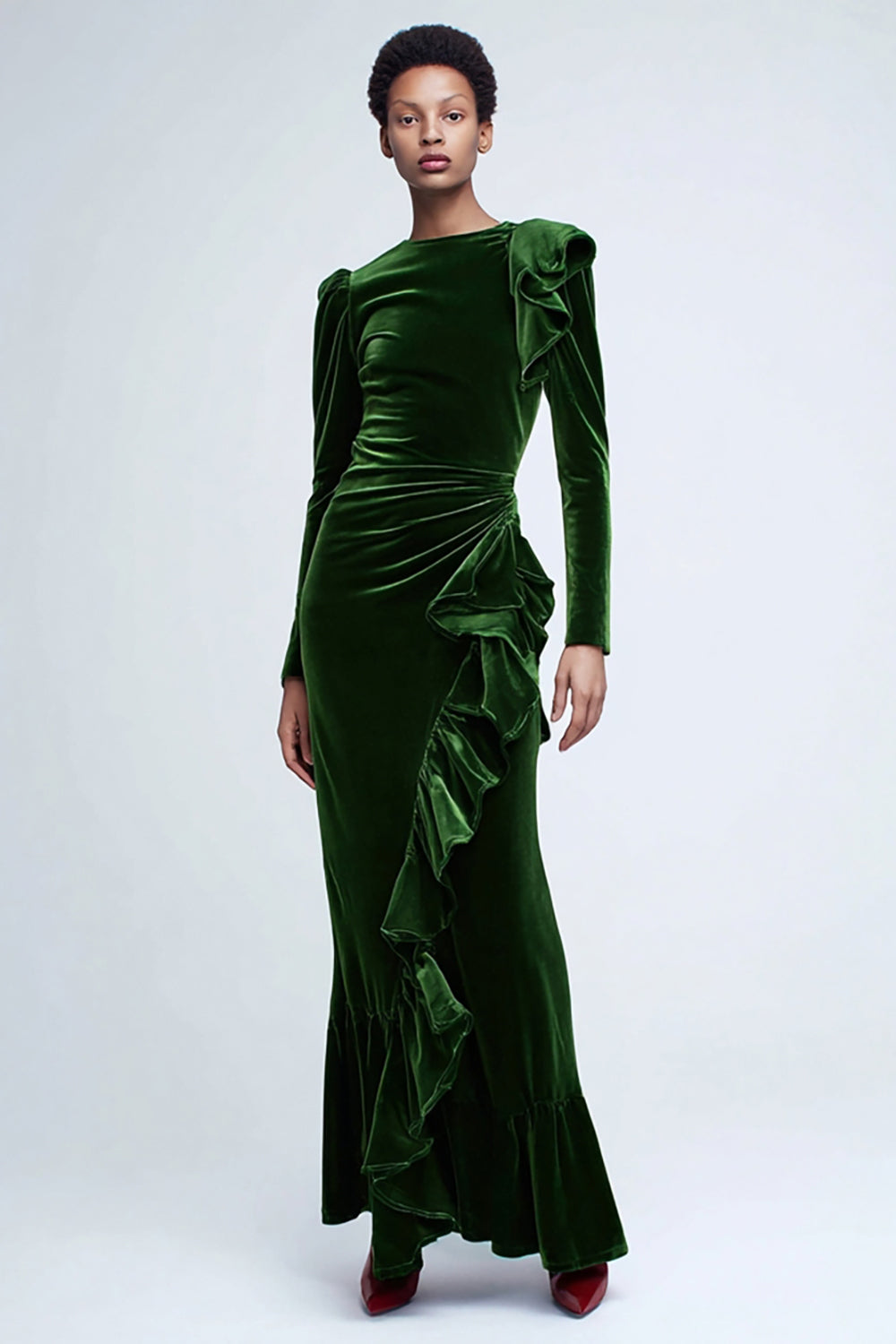 Green Velvet Mermaid Long Sleeves Holiday Party Dress with Ruffles