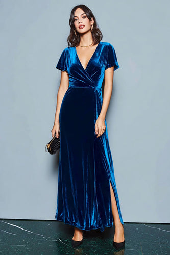 Dark Blue Velvet Sheath V-Neck Long Holiday Party Dress with Slit
