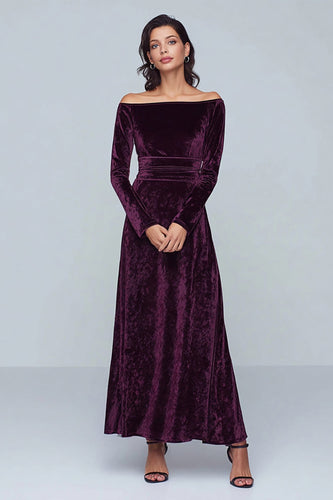 Plum Velvet A Line Long Sleeves Holiday Party Dress