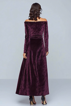 Plum Velvet A Line Long Sleeves Holiday Party Dress