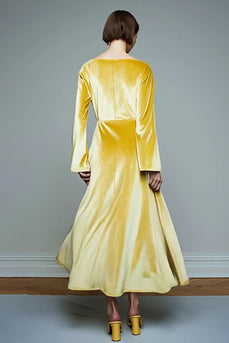 Yellow Velvet A Line Long SleevesHoliday Party Dress