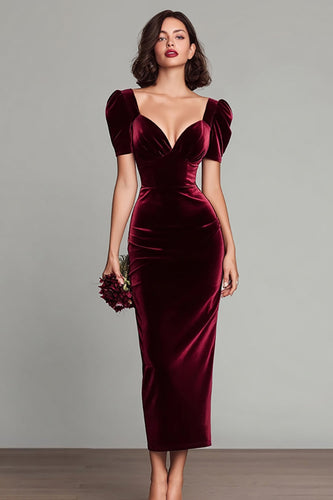 Burgundy Sheath Velvet Long Holiday Party Dress with Sleeves