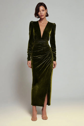 Olive Sheath Velvet Ruched Long Sleeves Holiday Party Dress with Slit