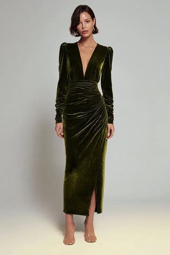 Olive Sheath Velvet Ruched Long Sleeves Holiday Party Dress with Slit