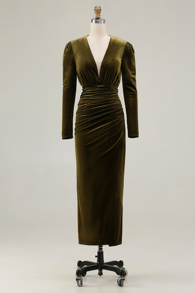 Olive Velvet Ruched Sheath Holiday Party Dress with Slit