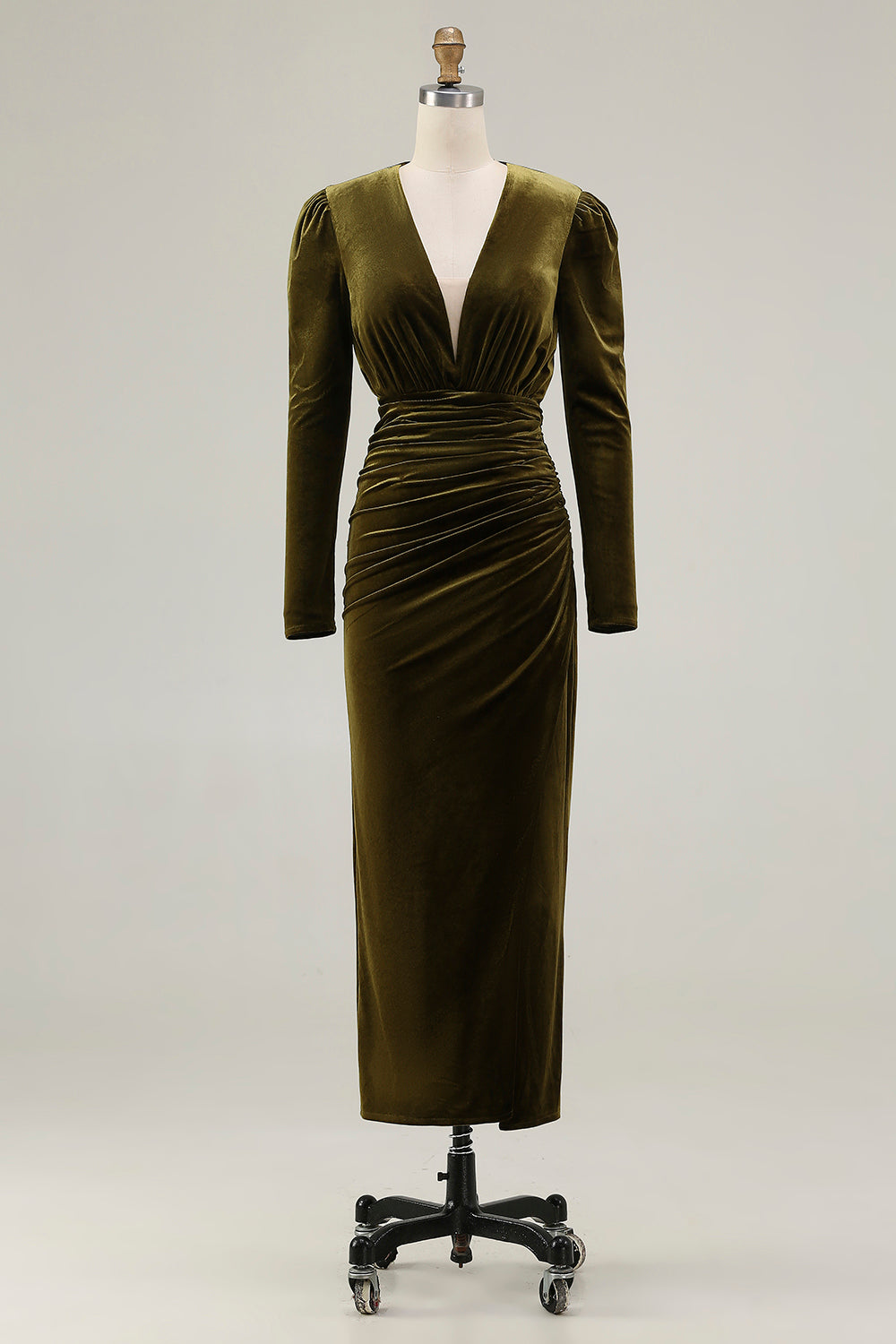 Olive Velvet Ruched Sheath Holiday Party Dress with Slit